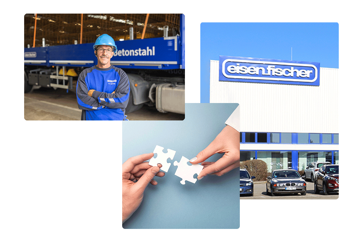 Collage von drei Bildern. Mitarbeiter mit Helm steht mit verschränkten Armen vor LKW. Zwei Hände fügen Puzzleteile zusammen. Gebäudeansicht von Eisen-Fischer Nördlingen.